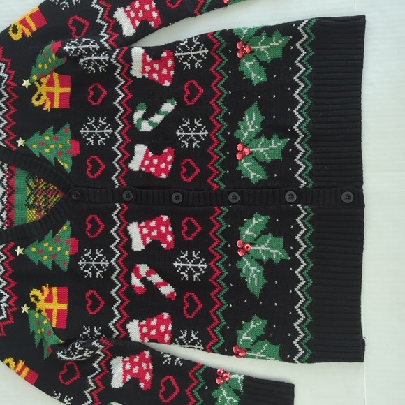 Absolutely Famous Button Up Acrylic Cardigan Christmas Sweater MEDIUM Black Red - Picture 8 of 16
